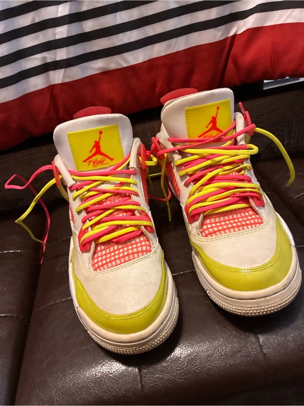 Air Jordan 4 Sneakers in White, Neon Yellow & Pink